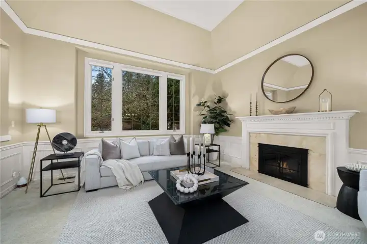 Elegant formal living room with a  cozy fireplace