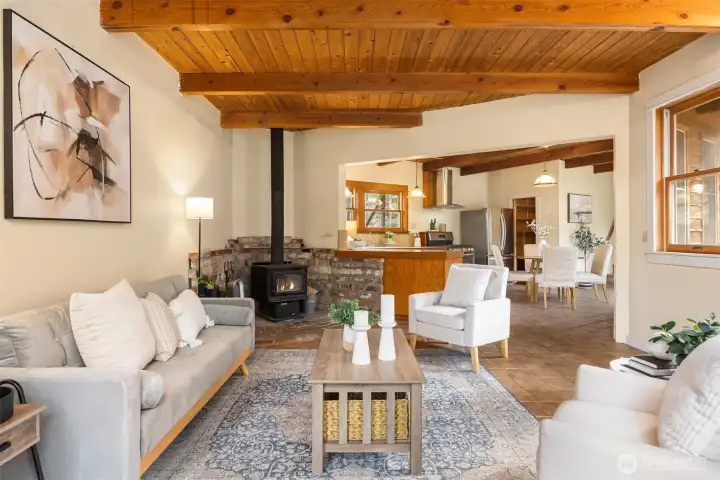 An efficient woodstove heats the main level.