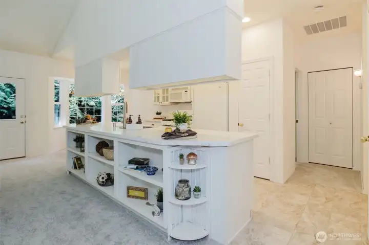 Kitchen island with built in shelving