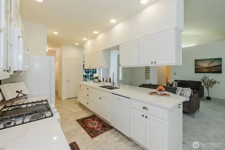 Brand new quartz countertops and vinyl flooring.
