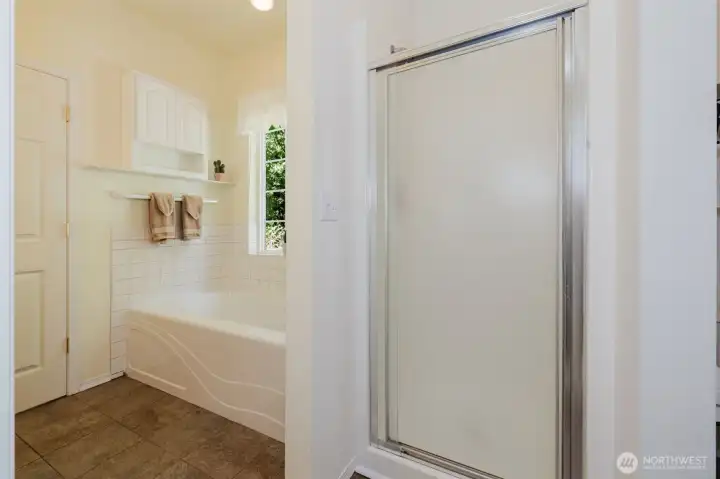 Primary soaking tub and stand up shower