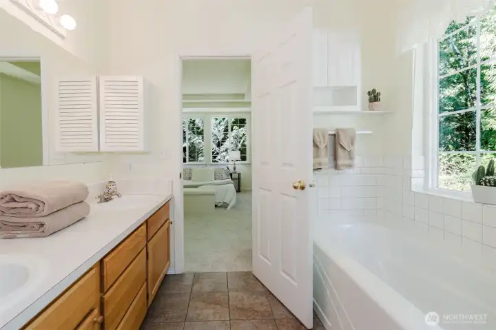 Primary ensuite with dual vanity sinks