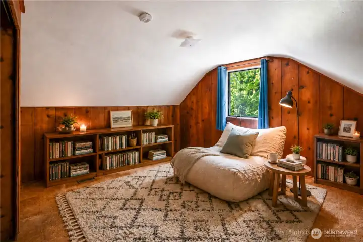 Upper bedroom with virtual staging. This is a large room with a walk in closet