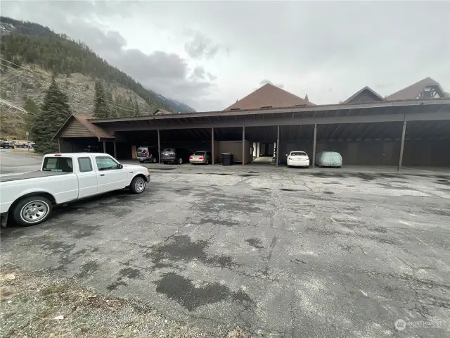 View of carport area.  Each unit has a designated parking space with storage area.  The parking lot has additional parking for guests.