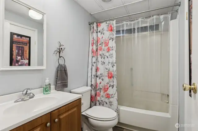 Hallway guest bathroom has a bathtub/shower combo.