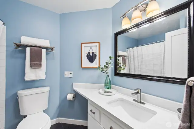 2nd bathroom with tub/shower, heated floor and quartz countertop