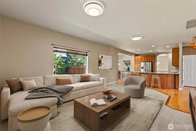 Open concept family room to kitchen