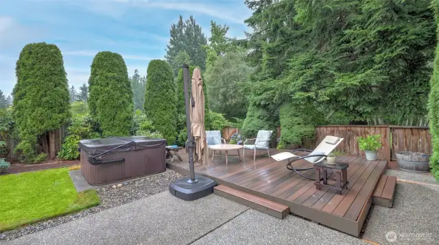The gas fired hot tub is in excellent working order and can be left with the home.  There is a large patio and a raised wood deck that is wonderful for relaxing and having guests over.