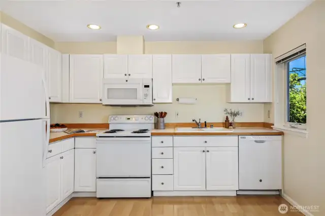 Ample counter space and cabinets in this bright kitchen