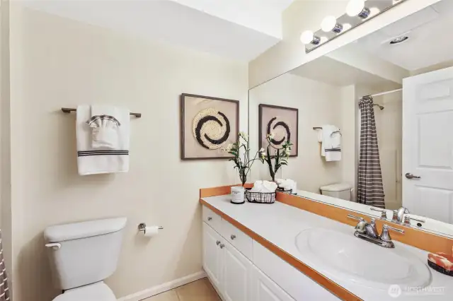 Bathroom with enough counter and cabinet space for all your necessities
