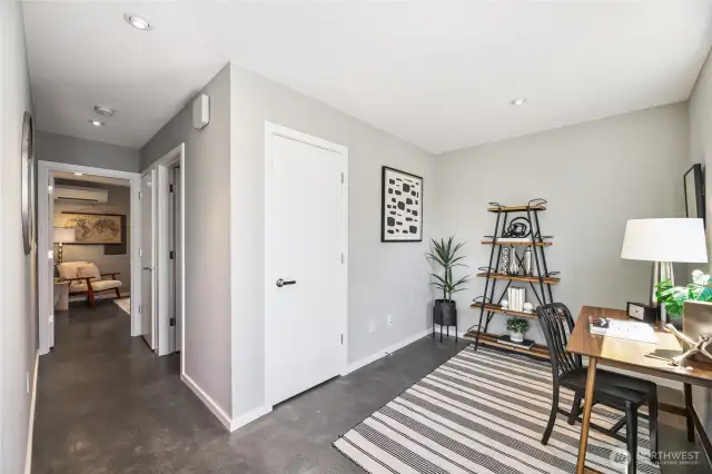 Office or WFH space. Polished concrete flooring. This is so cool!