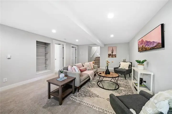 Lower level family room is the ideal media space away from the rest of the home.