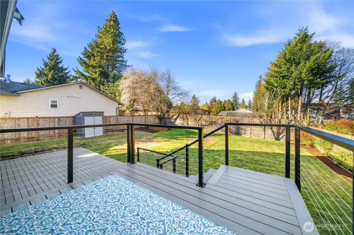 Large 2-tier deck w/ custom railing and composite decking for maintenance free enjoyment.