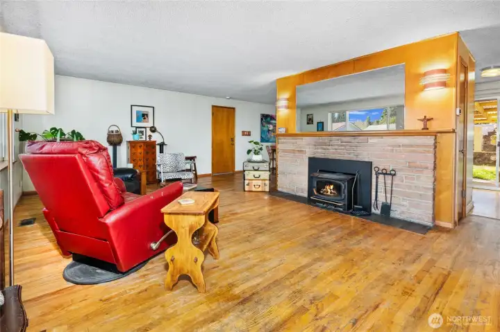 From the front door, enter into a large living and dining area. .