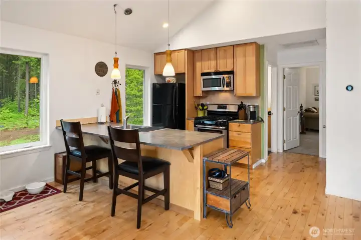 Bright kitchen with natural light and open sightlines.