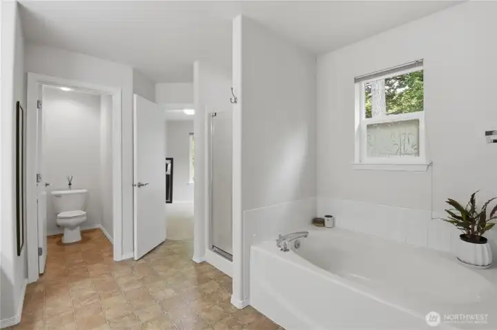 The primary bath has a large soaking tub and a separate shower.