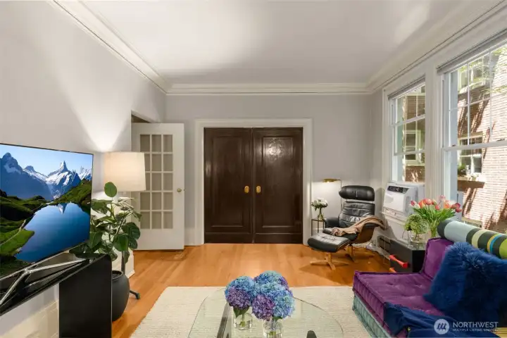 Solid wood pocket doors can separate the dining room from the living room Solid wood pocket doors can separate the dining room from the living room
