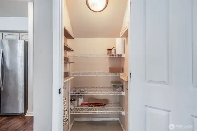 Convenient and well-lit, this walk-in pantry offers ample shelving and storage space, keeping your kitchen essentials organized and easily accessible.