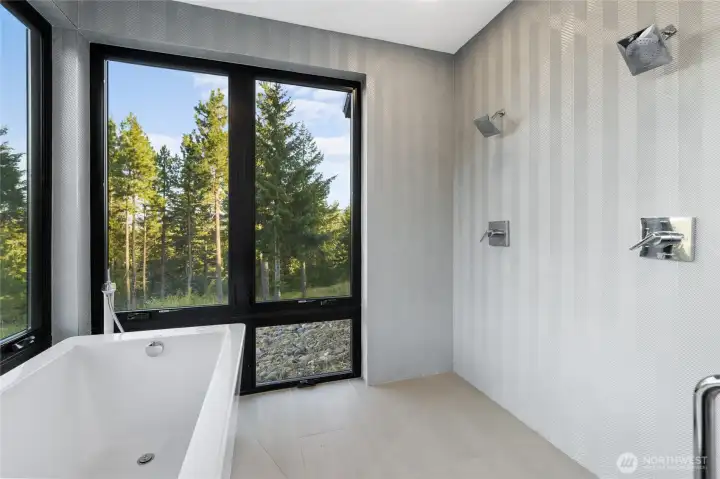 Ensuite bath with double showers and a tub with a view.