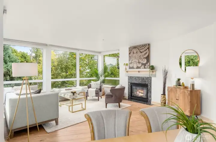wood burning fire place in bright living room