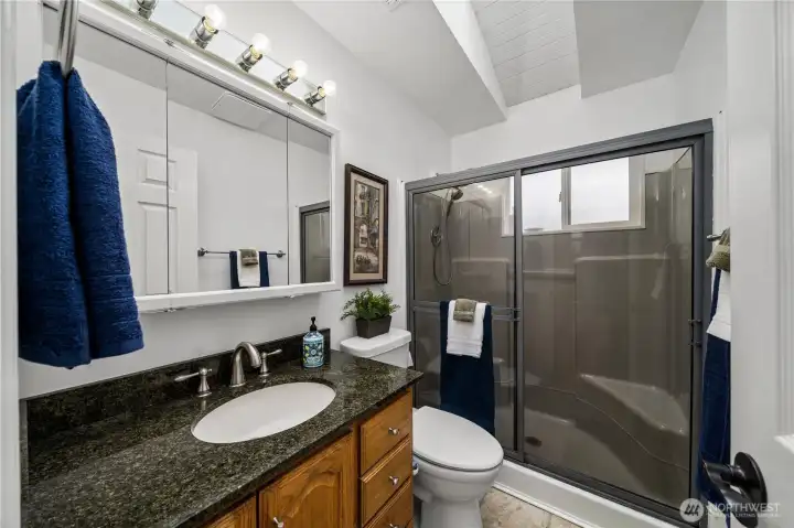 Back inside on this same level, you’ll find this attractive bathroom with an undermount sink, granite & a spacious walk-in shower; it’s clean and fresh with a skylight for natural light.
