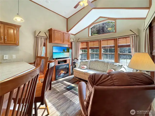 Inside are vaulted ceilings and tons of light streaming in, making it feel very spacious.