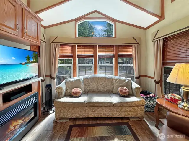 Electric fireplace for ambience or to help warm up in the winter.
