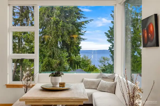 Enjoy water views as you dine. The part of Puget Sound carries all the big ship maritime traffic- cruise ships, cargo ships and private vessels.