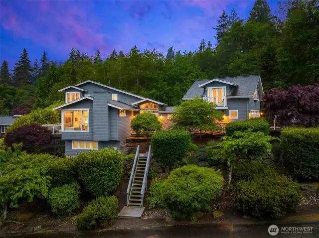 This photo displays the full length the of the home. There are 2 primary suites with their own wing of the home. Each has an en-suite bath and balcony to enjoy view of Puget Sound.