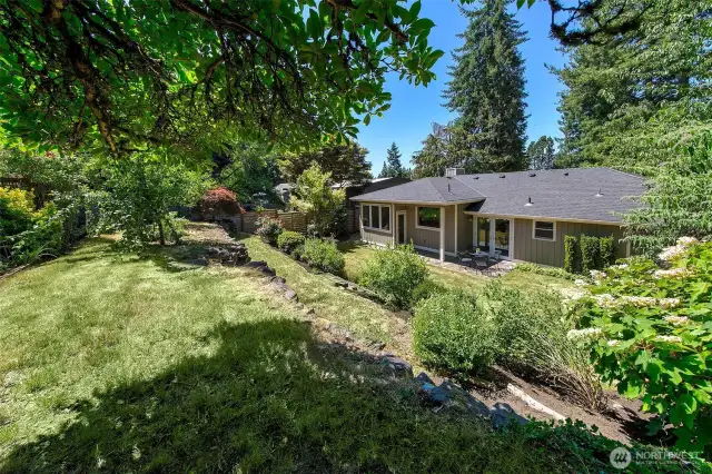 Mature plantings and terraced lawn