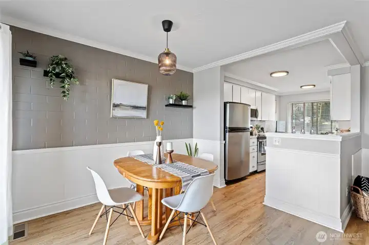 The dining room flows effortlessly into the kitchen.