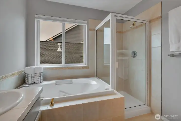 Soaker tub and separate corner shower.