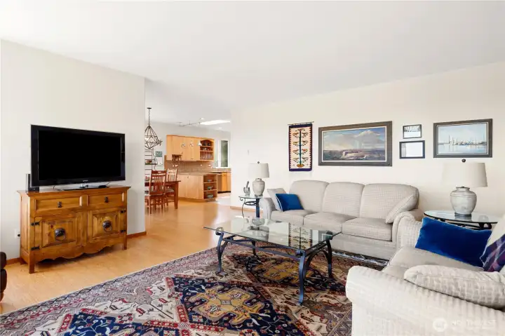 Living room with a view towards the dining and kitchen.