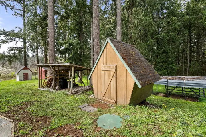 Well house and covered wood storage.