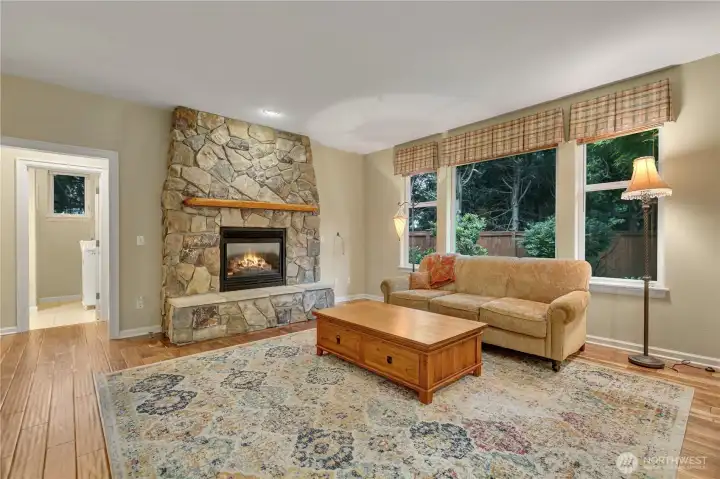 Look at that amazing fireplace!