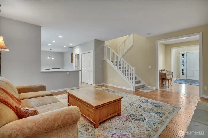 Family room looking back at Front Door and Stairs up