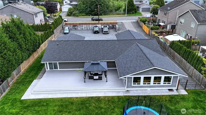 Aerial view of the home and property