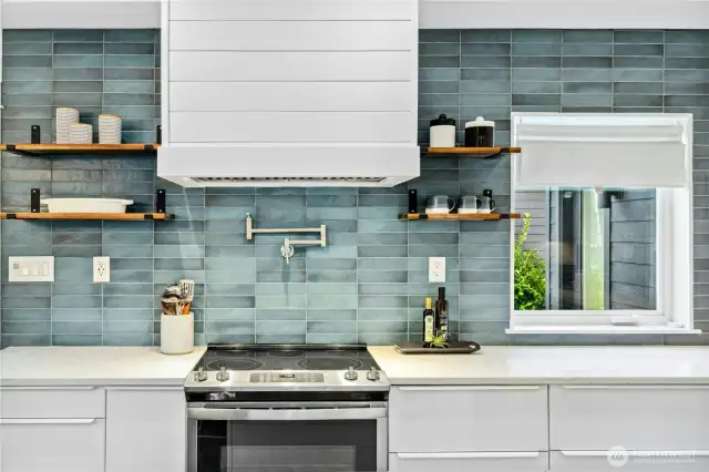 The modern, custom tile is the centerpiece of the room.