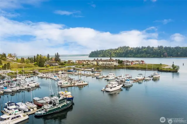 300-slip marina with Port Ludlow Inn & Restaurant in background.