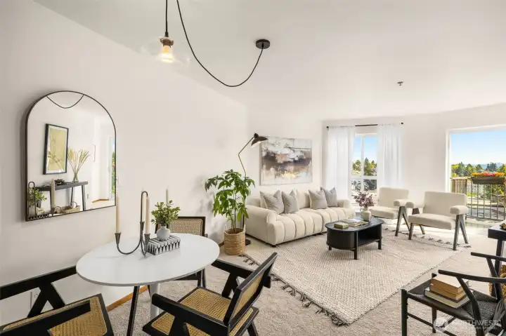 The living and dining areas are wrapped in natural light, seamlessly connecting to the balcony