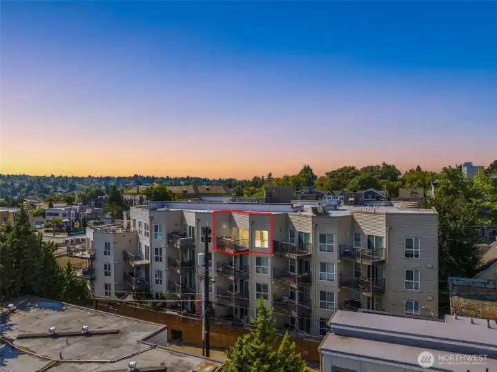 Situated in back bldg, feels private and quiet! Staggered design of the back building optimizes privacy and views.