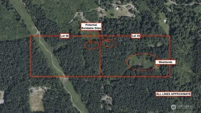 Map layover providing estimated property lines and potential building sites.