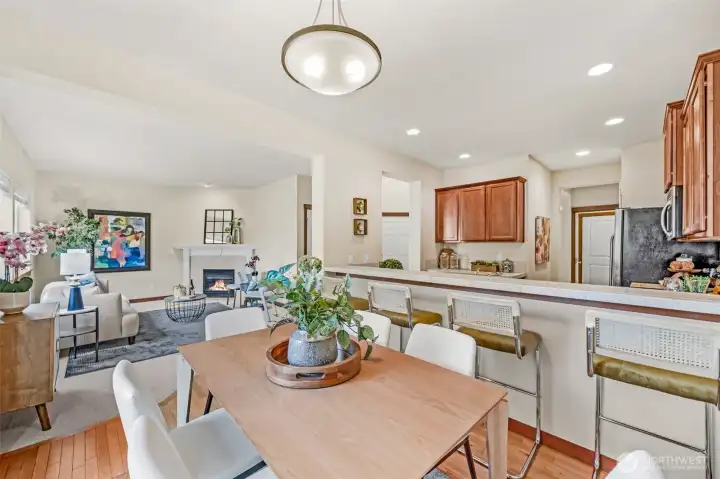 The Open Dining area and Kitchen both face west.  Room for a large table and 4 stool eating counter.