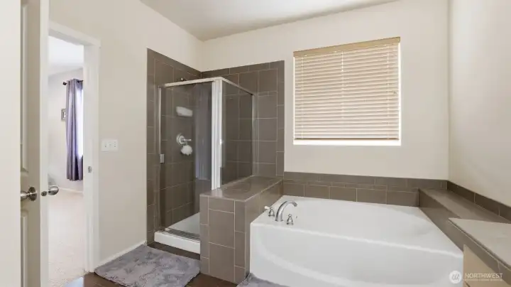 Enjoy a large soaker tub plus walk-in shower in this primary en suite.