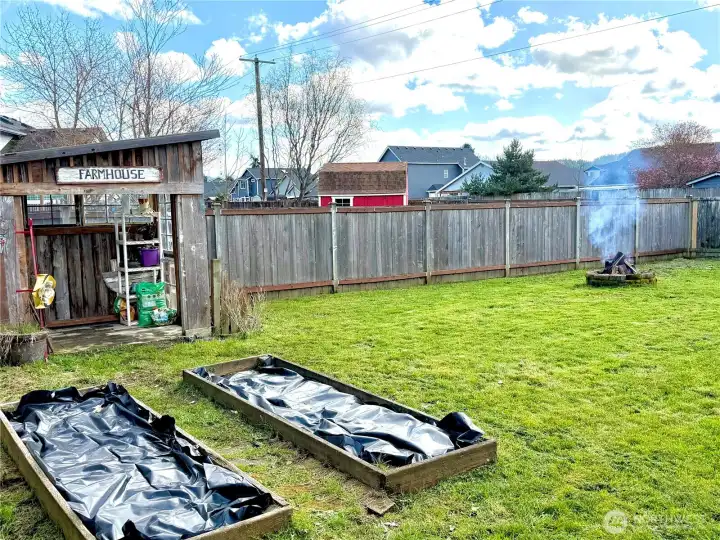 Gardening areas and fire pit