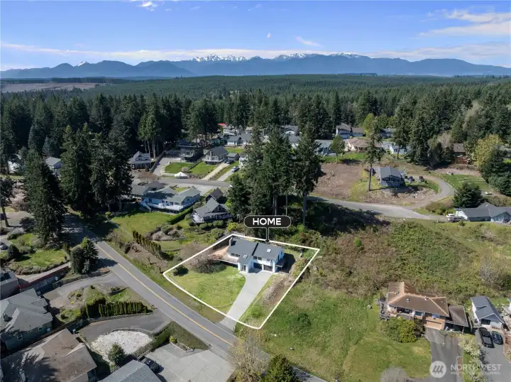 Aerial view highlighting the lush, wooded surroundings and private residential setting.