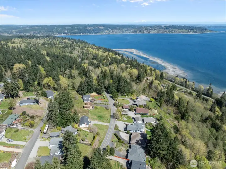 Detailed aerial shot capturing the unique peninsula layout and surrounding maritime beauty.