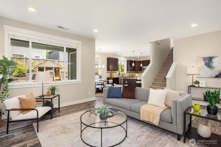 Spacious greatroom incorporates the family room, dining and kitchen