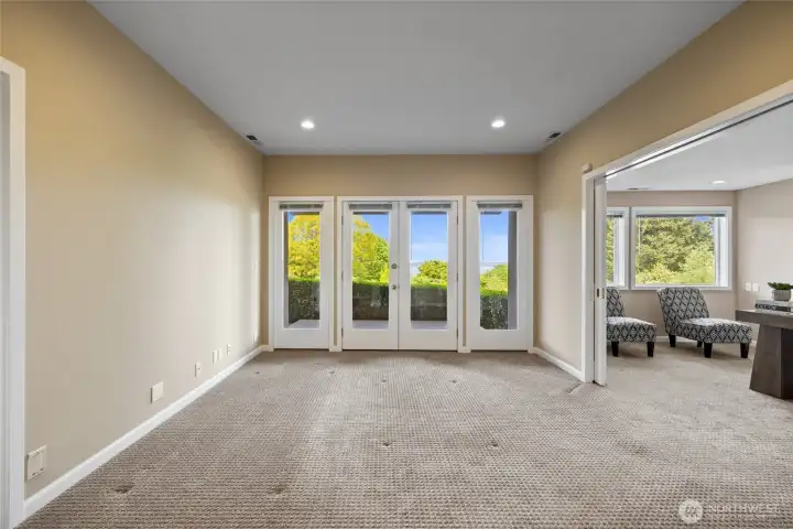 Light-filled lower level with expansive glass doors opening to a covered patio and lush backyard—ideal for seamless indoor-outdoor living and entertaining.