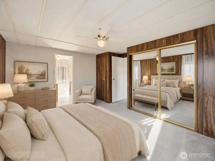 Large primary with plenty of closet space and and bathroom complete with a shower and a soaking tub